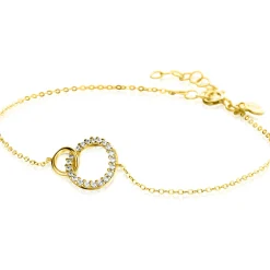 Hot Zinzi Gold 14 krt gouden armband met twee open rondjes, mooi met elkaar verbonden. Het groter rondje (11mm) is bezet met witte zirconia's 16,5-19,5cm ZGA460