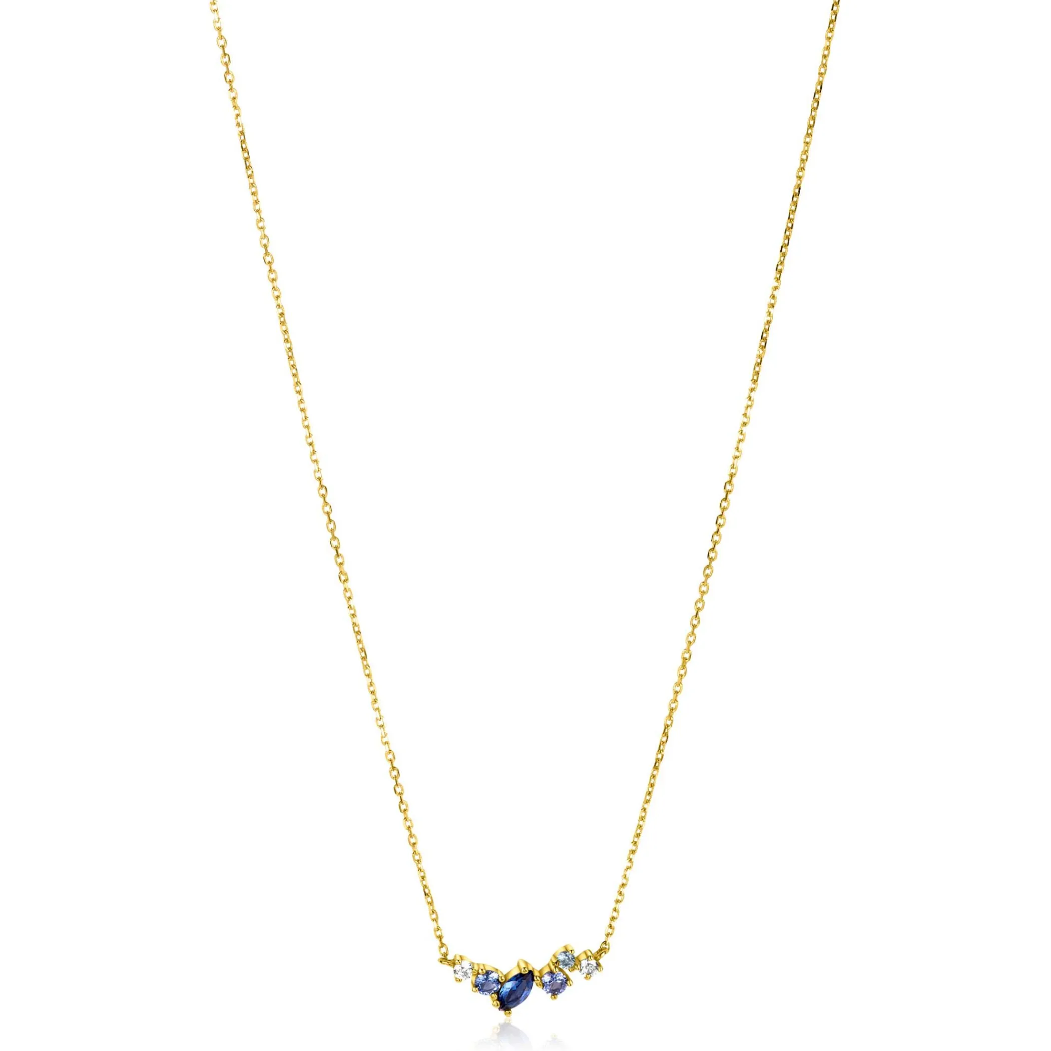 Online Zinzi Gold 14 krt gouden ketting 45cm, in het midden bezet met fijne witte, lichtblauwe en donkerblauwe zirconia's ZGC381