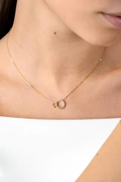Clearance Zinzi Gold 14 krt gouden ketting met twee open rondjes, mooi met elkaar verbonden. Het groter rondje (11mm) is bezet met witte zirconia's 40-43cm ZGC460