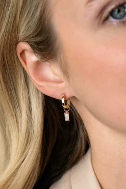 Hot Zinzi Gold 14 krt gouden oorbedels bezet met baquette geslepen witte zirconia 7mm in chatonzetting ZGCH424 (zonder oorringen)