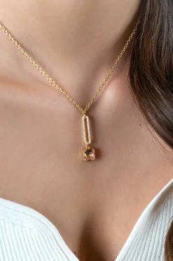 Clearance Zinzi gold plated zilveren jasseron ketting met schitterende open ovale vorm en vierkante hanger in licht roze 42-45cm ZIC2579