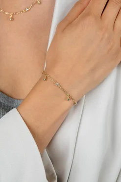 Best Zinzi gold plated zilveren schakel armband 9mm breed met witte zirkonia's en gladde bolletjes 17-19cm ZIA2658