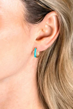 Hot Zinzi gold plated zilveren luxe oorringen rechthoek vorm met turquoise emaille 15x4mm ZIO2339T