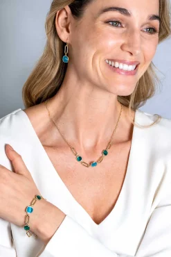 Zinzi gold plated zilveren collier met paperclip schakels en groen turquoise kleurstenen ZIC2332