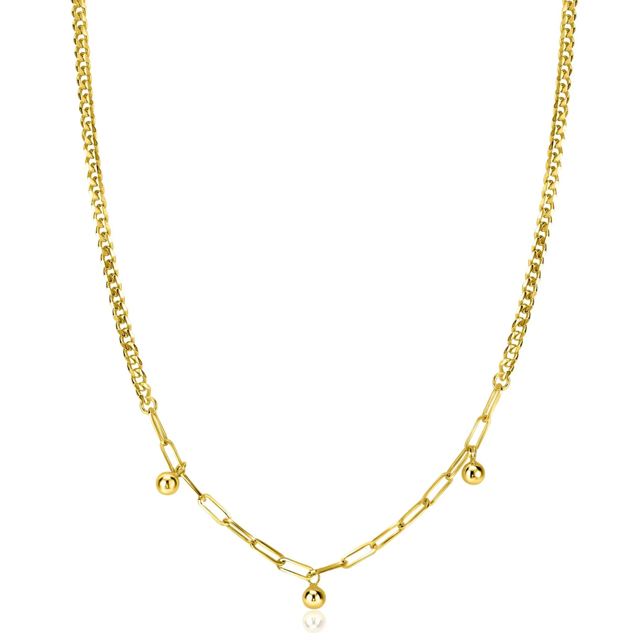 Clearance Zinzi gold plated zilveren schakelketting met gourmet en paperclip schakels en bolletjes 40-45cm ZIC2521G