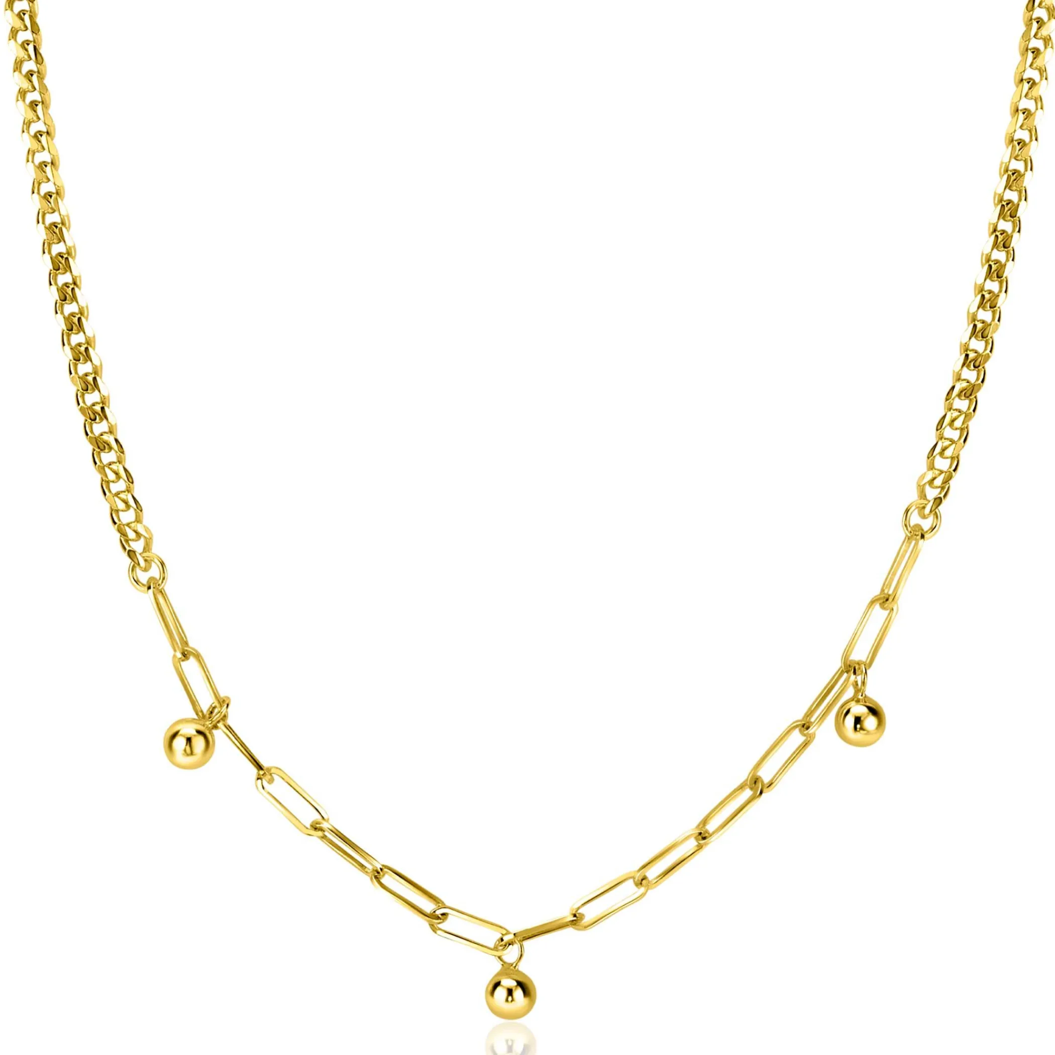 Clearance Zinzi gold plated zilveren schakelketting met gourmet en paperclip schakels en bolletjes 40-45cm ZIC2521G