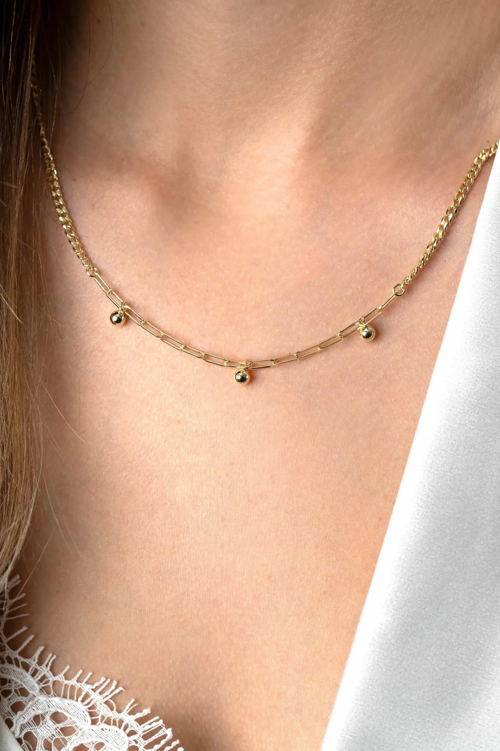 Clearance Zinzi gold plated zilveren schakelketting met gourmet en paperclip schakels en bolletjes 40-45cm ZIC2521G
