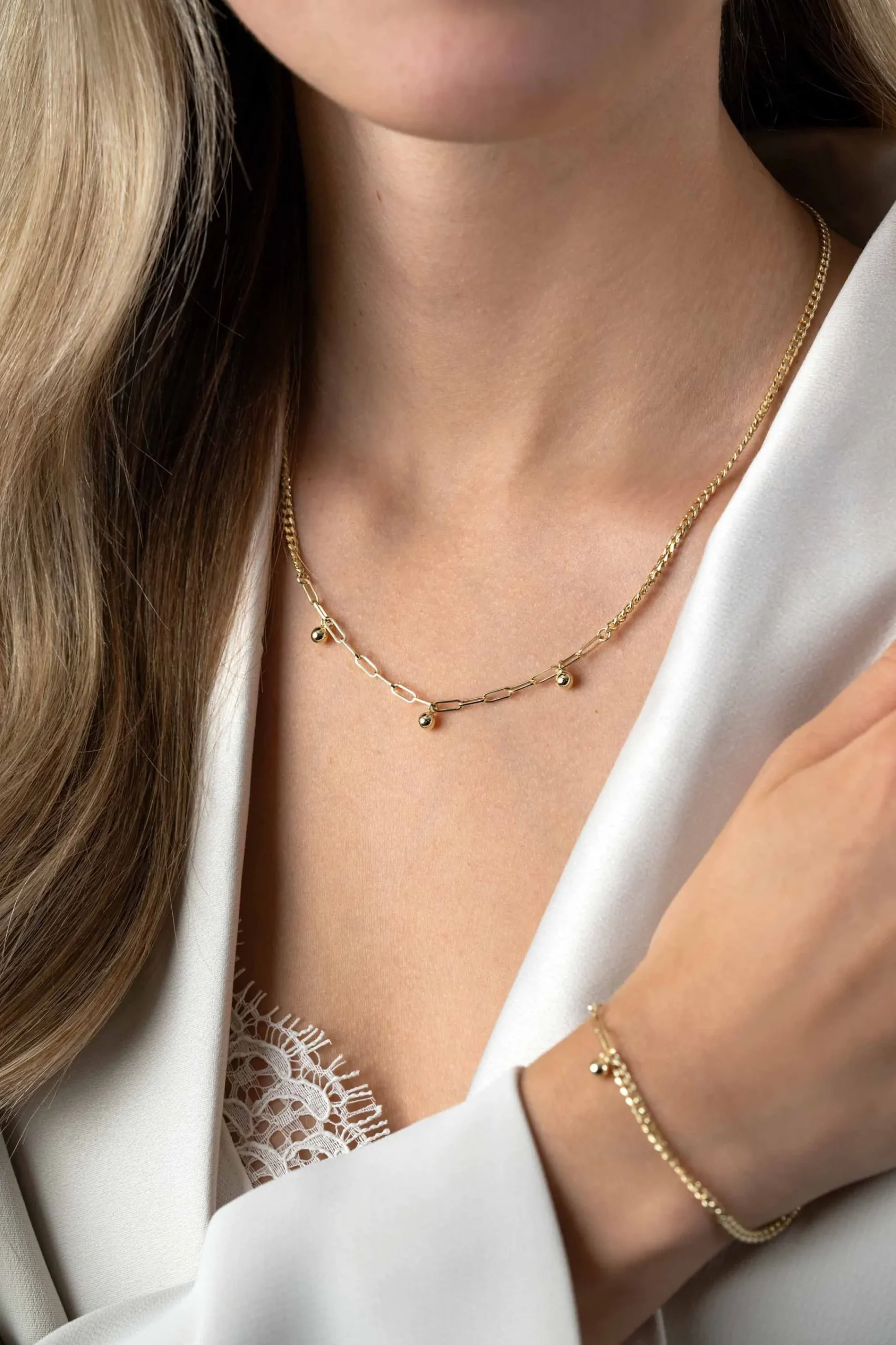 Clearance Zinzi gold plated zilveren schakelketting met gourmet en paperclip schakels en bolletjes 40-45cm ZIC2521G