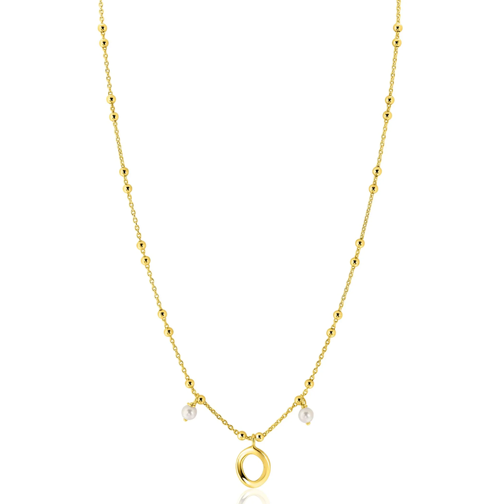 Clearance Zinzi gold plated zilveren fantasie ketting met kleine bolletjes, twee bungelende witte pareltjes en organische open vorm in het midden 42-45cm ZIC2405