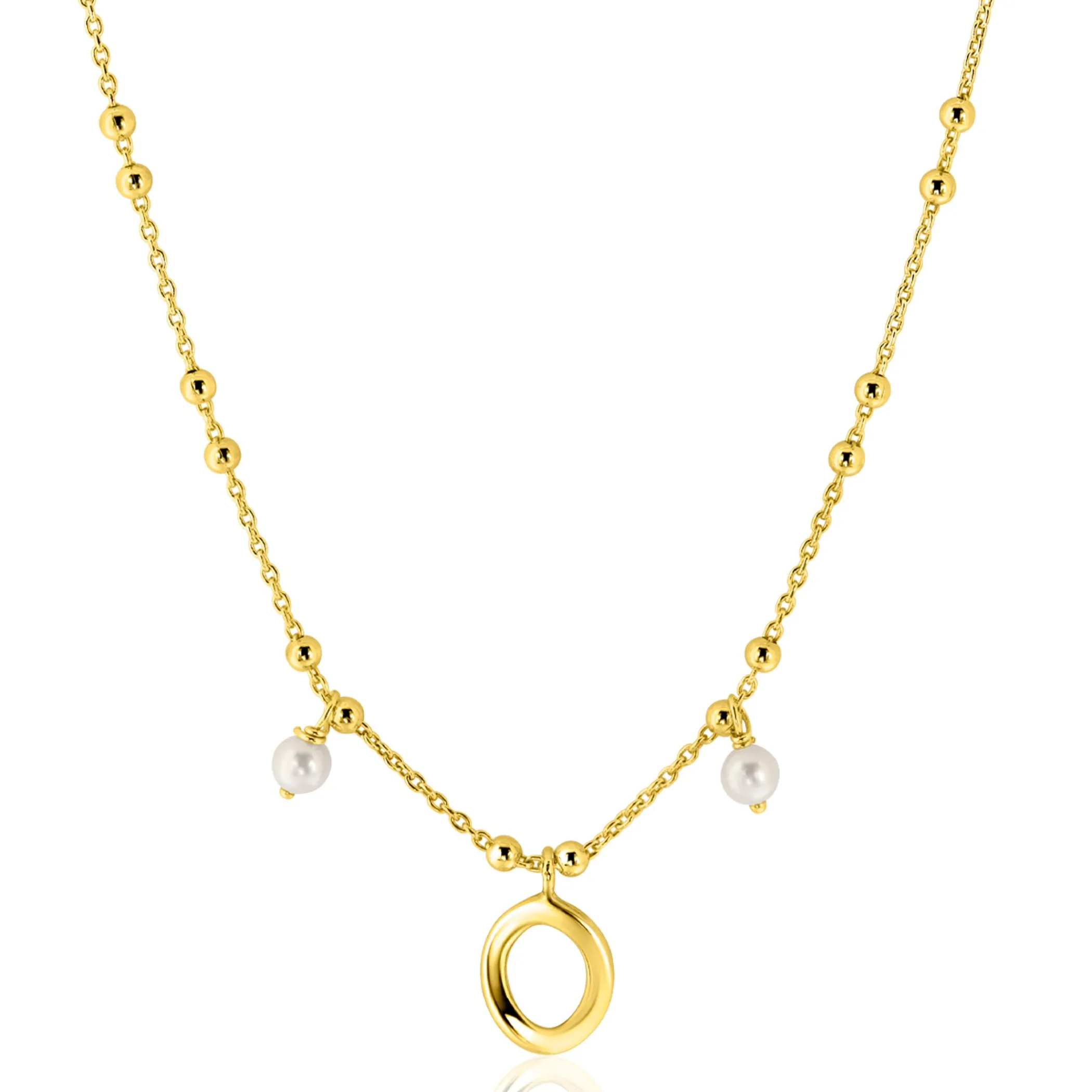 Clearance Zinzi gold plated zilveren fantasie ketting met kleine bolletjes, twee bungelende witte pareltjes en organische open vorm in het midden 42-45cm ZIC2405