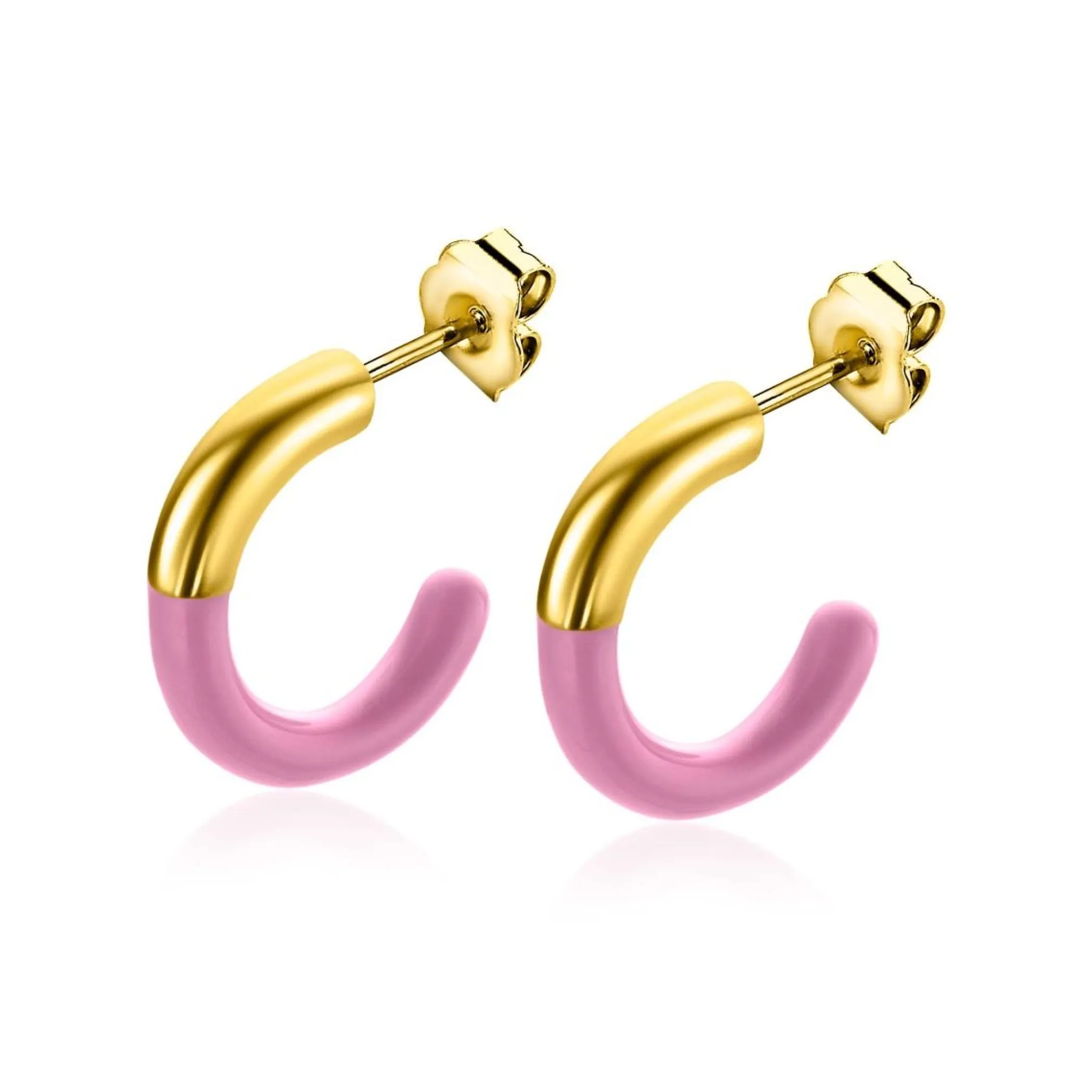 Best Zinzi gold plated zilveren trendy oorsieraden 16mm half emaille roze ZIO2315R