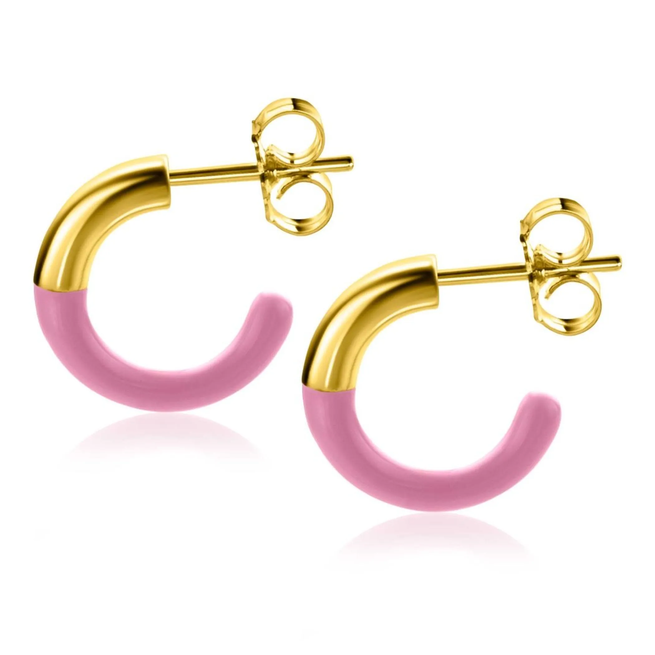 Best Zinzi gold plated zilveren trendy oorsieraden 16mm half emaille roze ZIO2315R