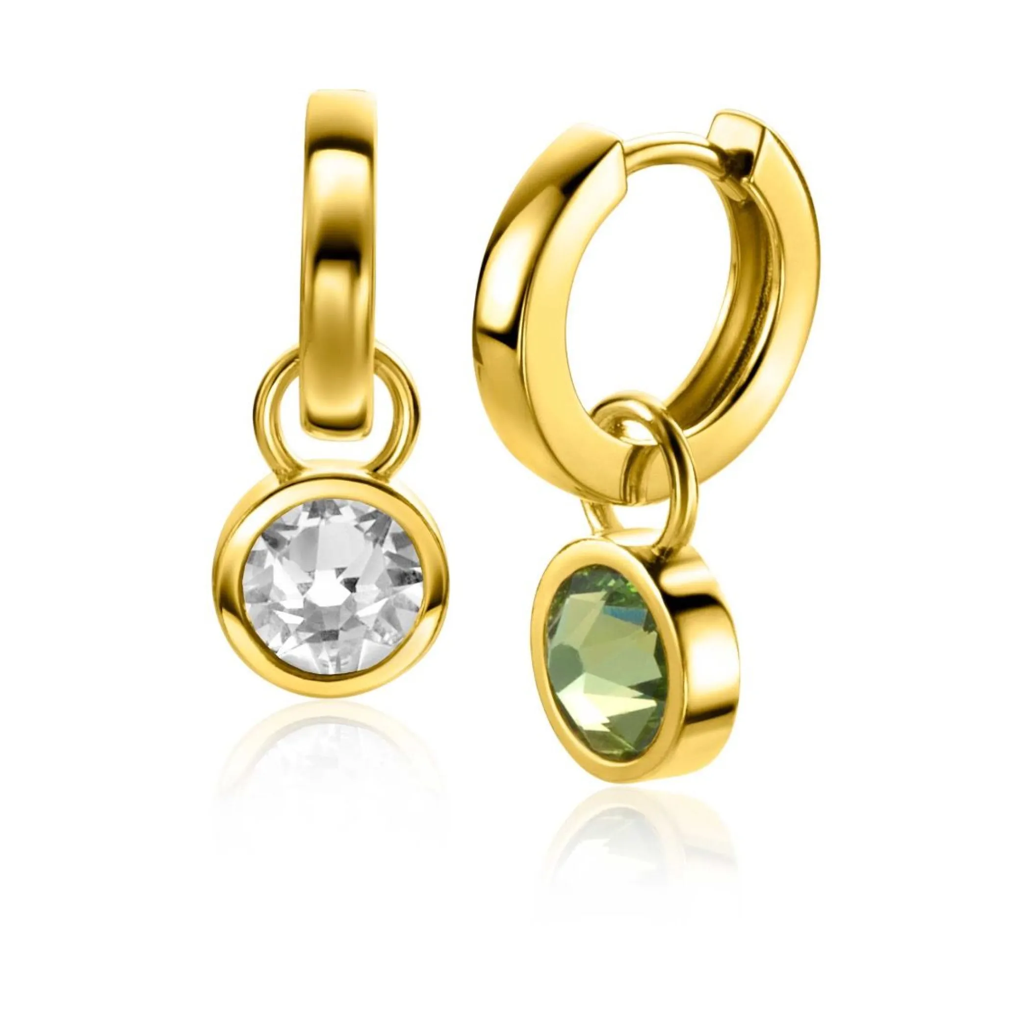 Hot Zinzi gold plated zilveren oorbedels dubbelzijdig groen wit Swarovski crystals 9mm ZICH1006G (zonder oorringen)