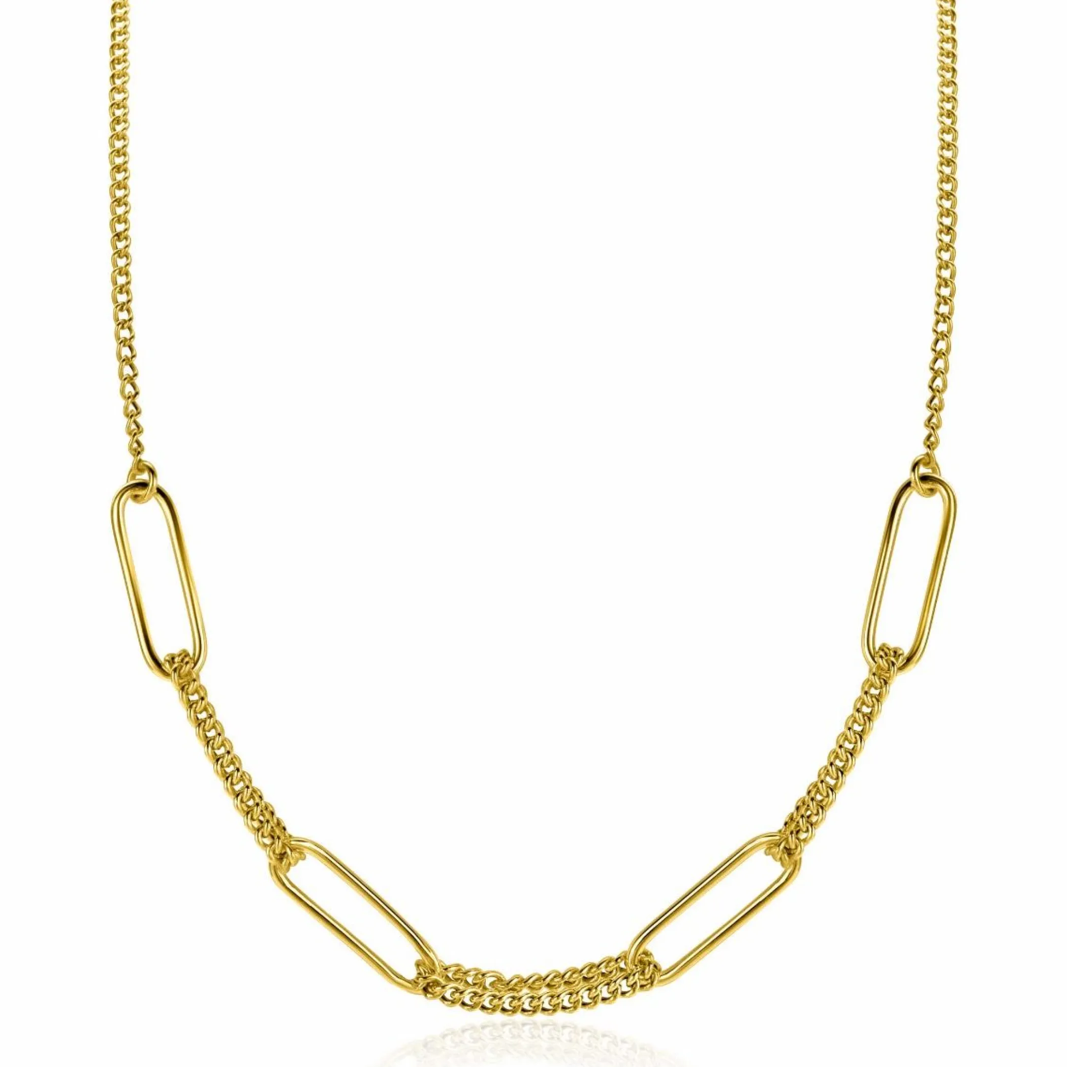 Outlet Zinzi gold plated zilveren ketting 45cm met vier grote ovale schakels en gourmet schakels ZIC2382