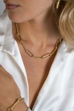 Outlet Zinzi gold plated zilveren ketting 45cm met vier grote ovale schakels en gourmet schakels ZIC2382