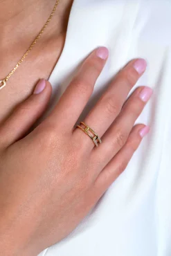 Hot Zinzi gold plated zilveren luxe ring 5mm breed met drie paperclip schakels, glad bewerkt witte zirconia's ZIR2330Y