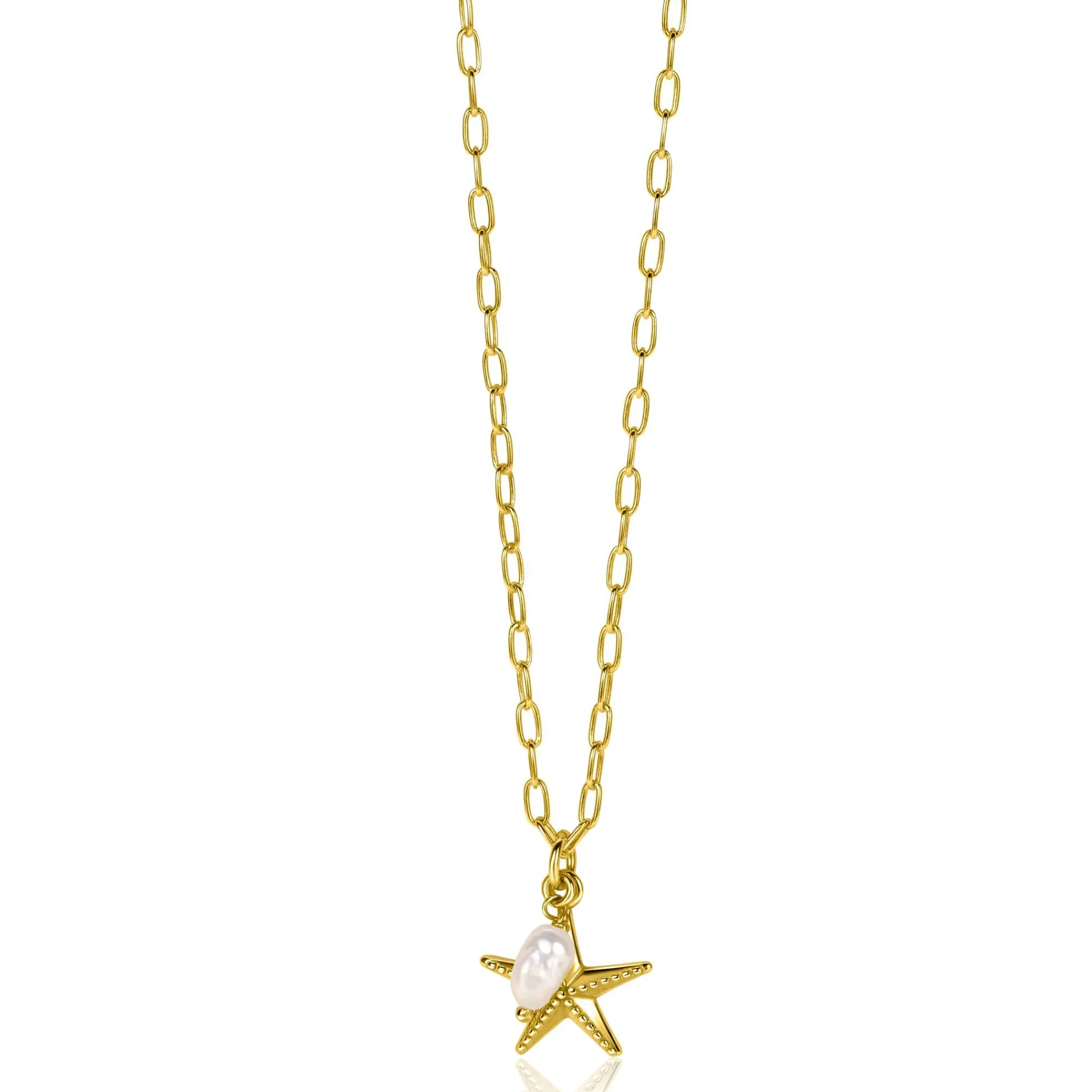 New Zinzi gold plated zilveren ketting met paperclip-schakels en grote zeester hanger met ovale witte zoetwaterparel 40-45cm ZIC2641