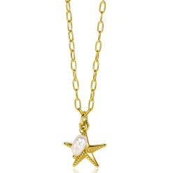 New Zinzi gold plated zilveren ketting met paperclip-schakels en grote zeester hanger met ovale witte zoetwaterparel 40-45cm ZIC2641