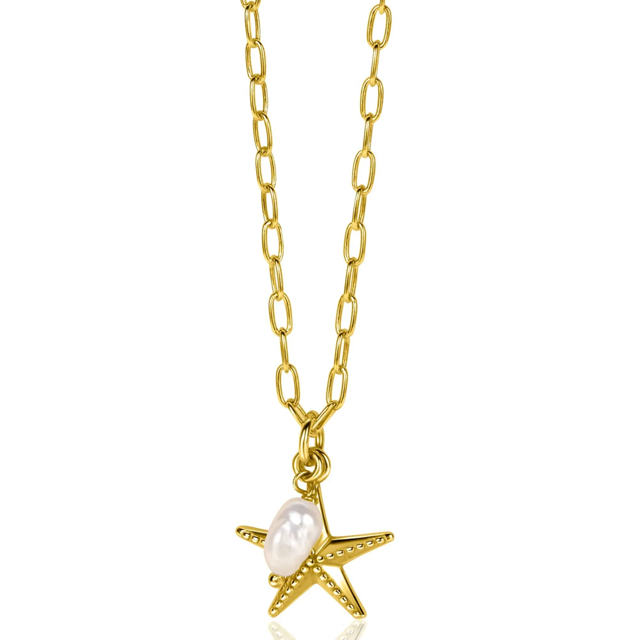 New Zinzi gold plated zilveren ketting met paperclip-schakels en grote zeester hanger met ovale witte zoetwaterparel 40-45cm ZIC2641