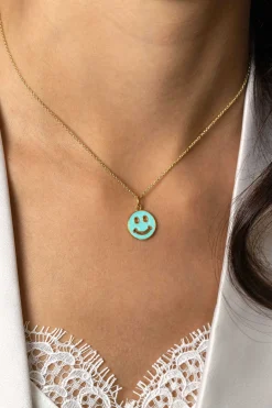 Hot Zinzi gold plated zilveren hanger smiley rond 15mm met turquoise emaille ZIH2312T (zonder collier)