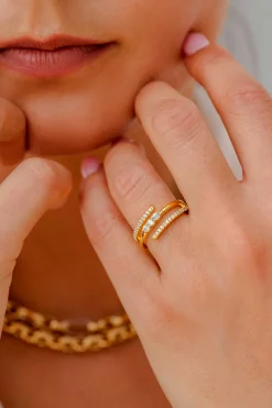 Discount Zinzi gold plated zilveren multi-look ring (8mm breed) met 3 rijen, bezet met witte zirconia's ZIR2645Y