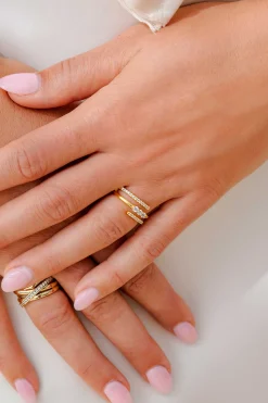Discount Zinzi gold plated zilveren multi-look ring (8mm breed) met 3 rijen, bezet met witte zirconia's ZIR2645Y