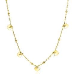 Best Zinzi gold plated zilveren ankerketting met kleine bolletjes en vijf gladde hartjes 42-45cm ZIC2531G