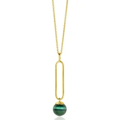 Zinzi gold plated zilveren ketting met lange ovale hanger en bungelende groene cateye in bolvorm 40-45cm ZIC2420