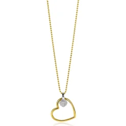 Outlet Zinzi gold plated zilveren bolletjes ketting met grote open hart hanger 20mm en bungelend luxe hartje 45-48cm ZIC2621