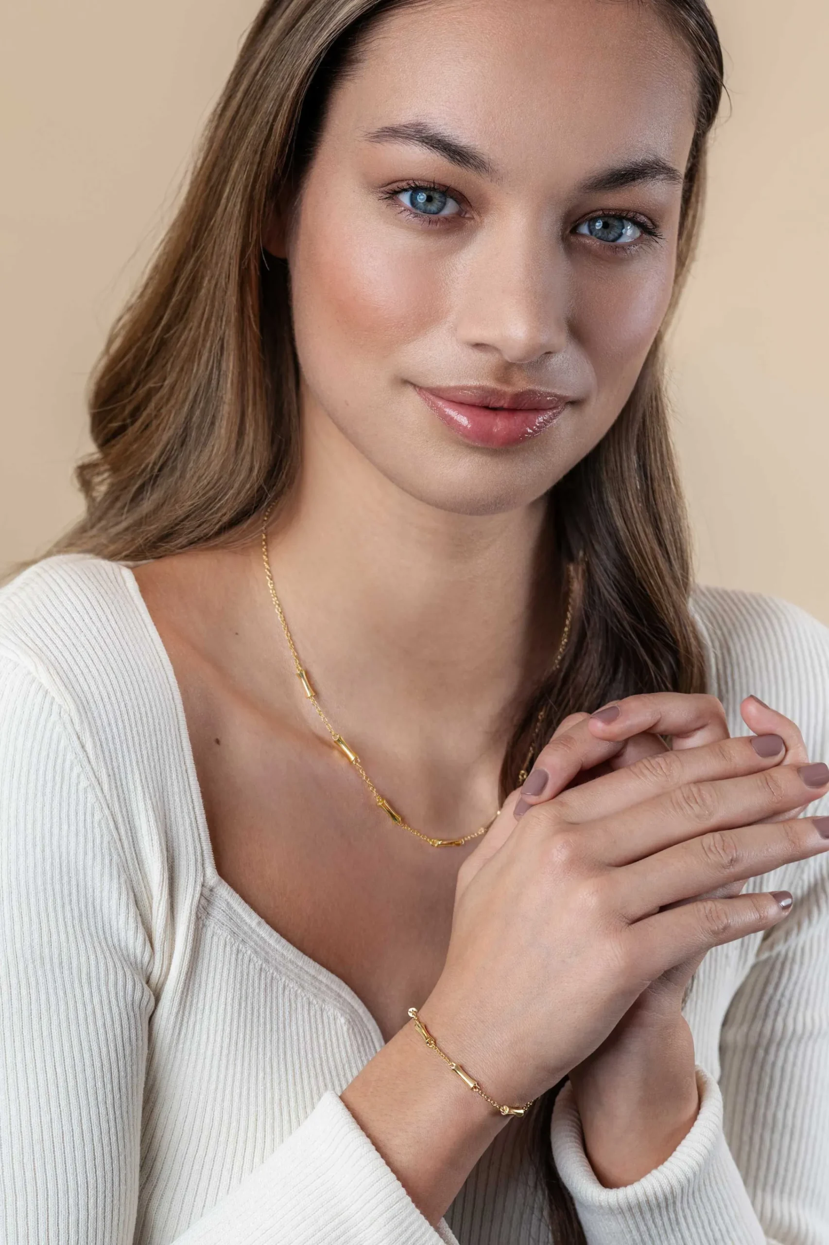 Discount Zinzi gold plated zilveren schakel ketting met zeven gladde bamboe vormen 40-45m ZIC2577G