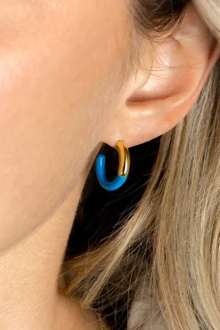 Sale Zinzi gold plated zilveren trendy oorsieraden 16mm half emaille blauw ZIO2315B