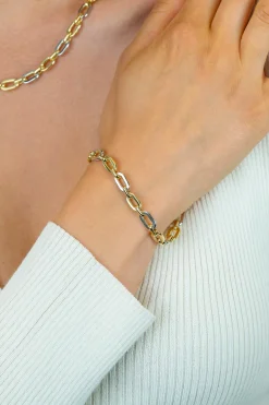 Online Zinzi gold plated zilveren schakelarmband met bicolor rechthoekige schakels (6,5mm breed) ZIA2757