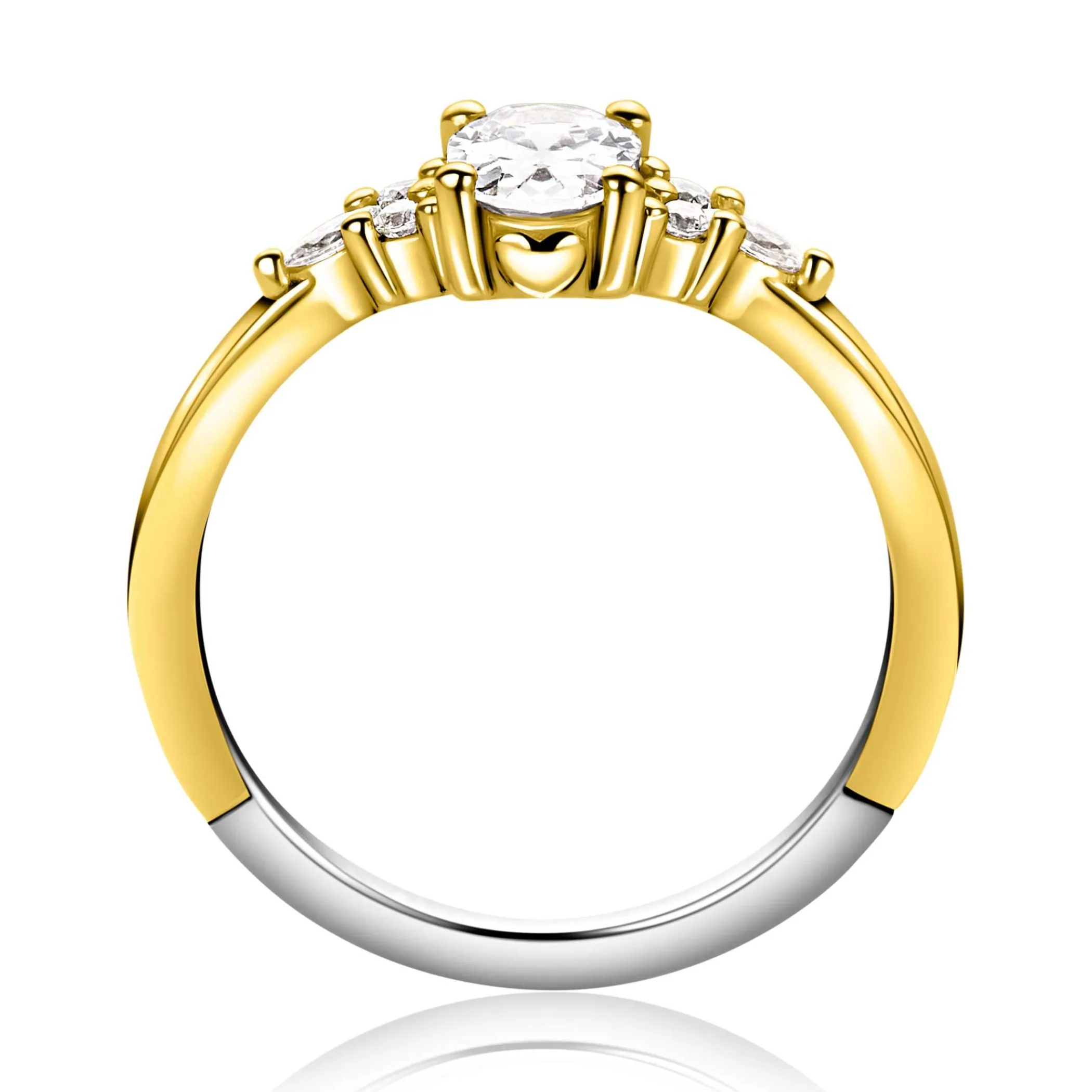 Best Zinzi gold plated zilveren verlovingsring met grote ovale witte zirkonia (7mm) en kleinere zirkonia's, met klein hartje aan de zijkant ZIR2698Y