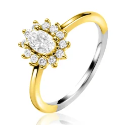 Sale Zinzi gold plated zilveren entourage verlovingsring met een grote ovale witte zirkonia (11mm) en klein hartje aan de zijkant ZIR2699Y