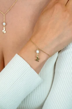 Zinzi gold plated zilveren paperclip schakelarmband met witte zoetwaterparel en slang ZIA2761