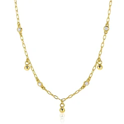 New Zinzi gold plated zilveren schakelketting met vier witte zirkonia's en 3 ronde bolletjes, gelijkmatig verdeeld over de ketting 42-45cm ZIC2658