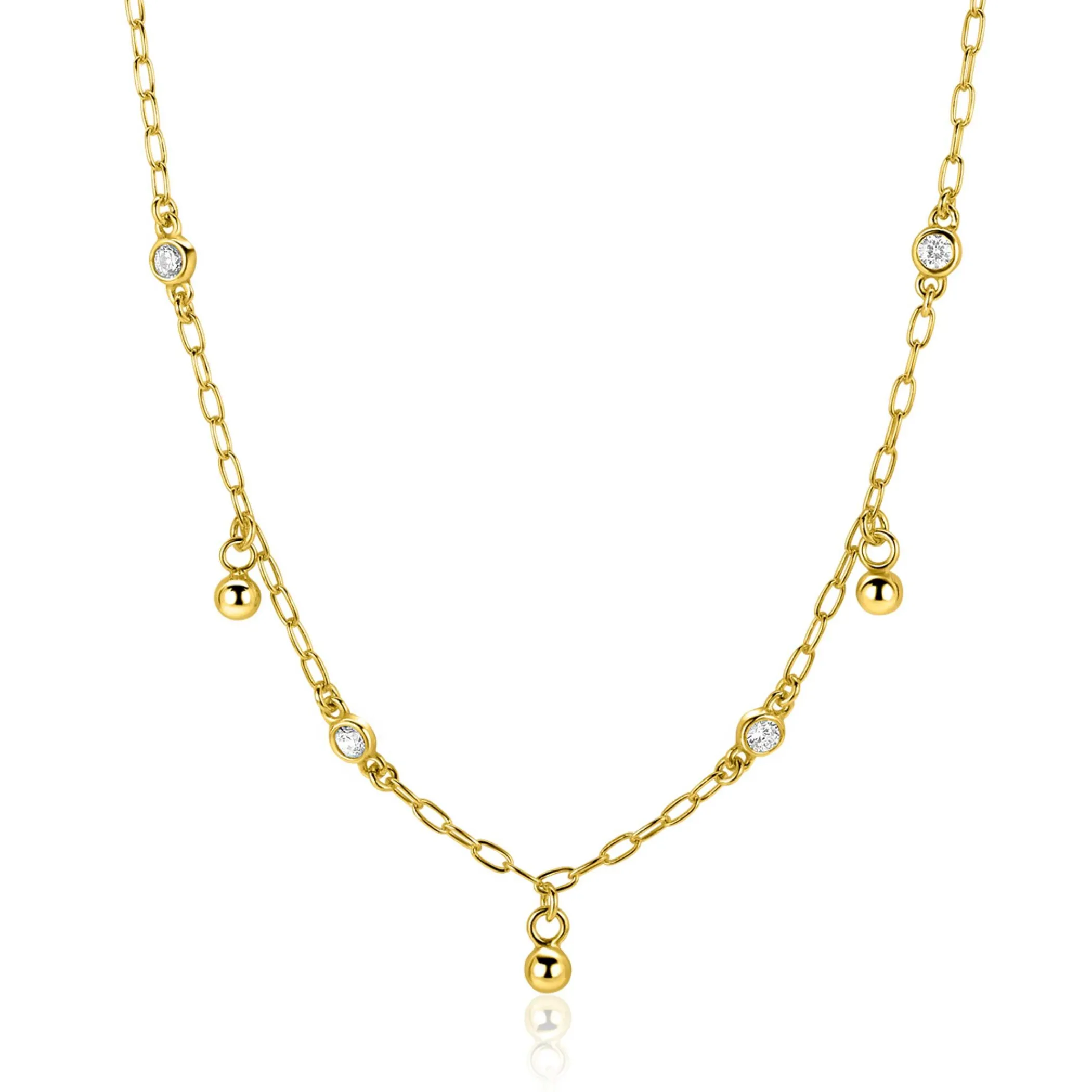 New Zinzi gold plated zilveren schakelketting met vier witte zirkonia's en 3 ronde bolletjes, gelijkmatig verdeeld over de ketting 42-45cm ZIC2658