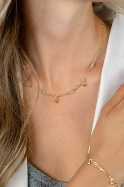 New Zinzi gold plated zilveren schakelketting met vier witte zirkonia's en 3 ronde bolletjes, gelijkmatig verdeeld over de ketting 42-45cm ZIC2658