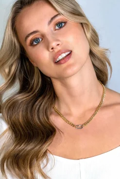 Outlet Zinzi gold plated zilveren brede gourmet ketting 42cm met zilveren ovale sluitring ZIC2378G