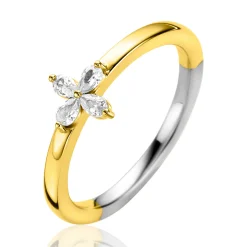Hot Zinzi gold plated zilveren ring met bloem (7,5mm), bezet met vier druppelvormige witte zirconia's ZIR2624