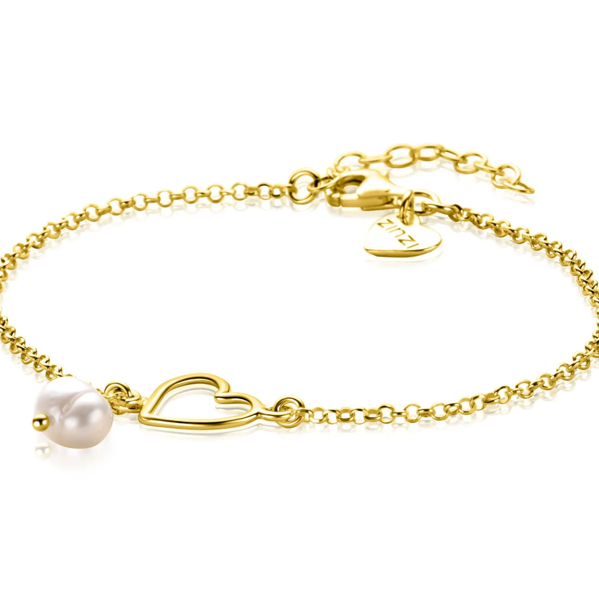 Outlet Zinzi gold plated zilveren armband met open hartje en bungelend witte zoetwaterparel 16-19cm ZIA2642
