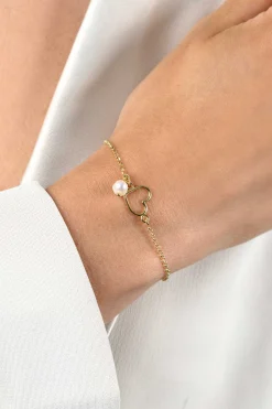 Outlet Zinzi gold plated zilveren armband met open hartje en bungelend witte zoetwaterparel 16-19cm ZIA2642