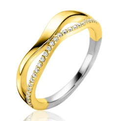 Clearance Zinzi gold plated zilveren multilook ring (6mm breed) organisch gevormd met twee golvende banen, waarvan één bezet met witte zirconia's ZIR2629Y