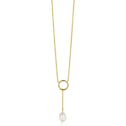 Clearance Zinzi gold plated zilveren Y-ketting met open rondje en bungelend witte zoetwaterparel in organische vorm 42-45cm ZIC2615