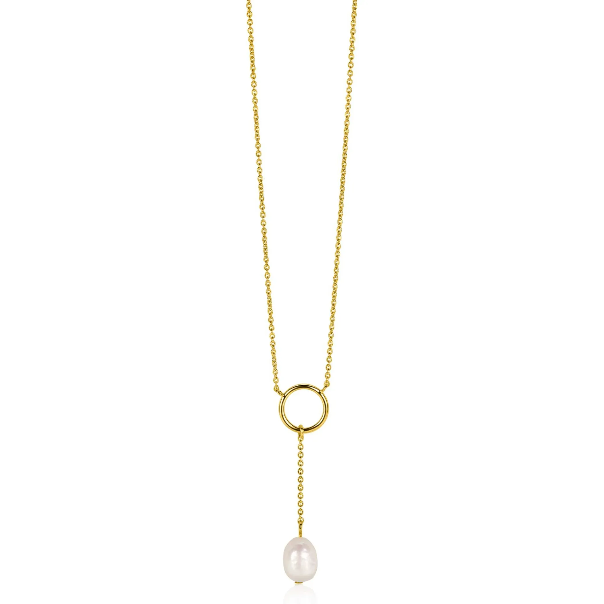 Clearance Zinzi gold plated zilveren Y-ketting met open rondje en bungelend witte zoetwaterparel in organische vorm 42-45cm ZIC2615
