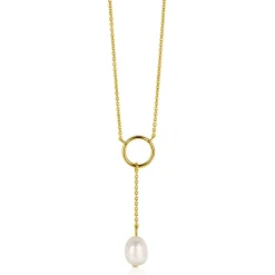Clearance Zinzi gold plated zilveren Y-ketting met open rondje en bungelend witte zoetwaterparel in organische vorm 42-45cm ZIC2615