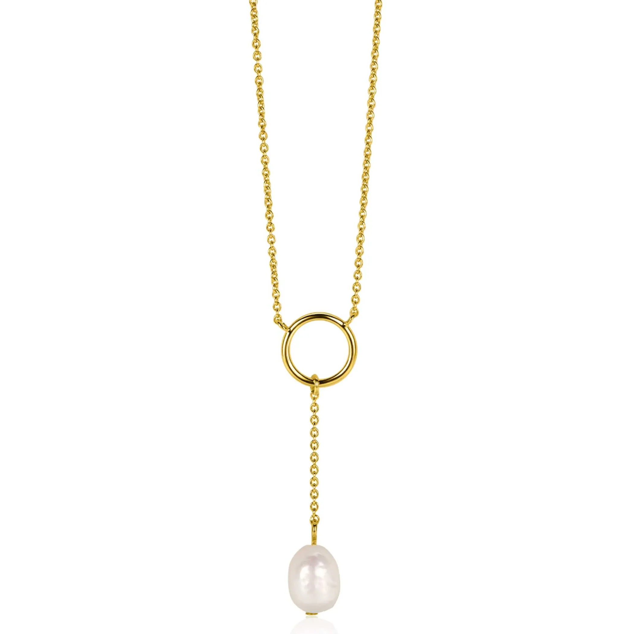 Clearance Zinzi gold plated zilveren Y-ketting met open rondje en bungelend witte zoetwaterparel in organische vorm 42-45cm ZIC2615