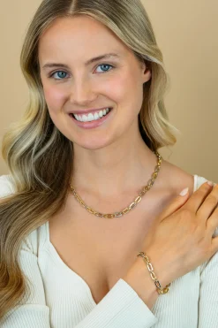 New Zinzi gold plated zilveren schakelketting 42-45cm met bicolor rechthoekige schakels (6,5mm breed) ZIC2757