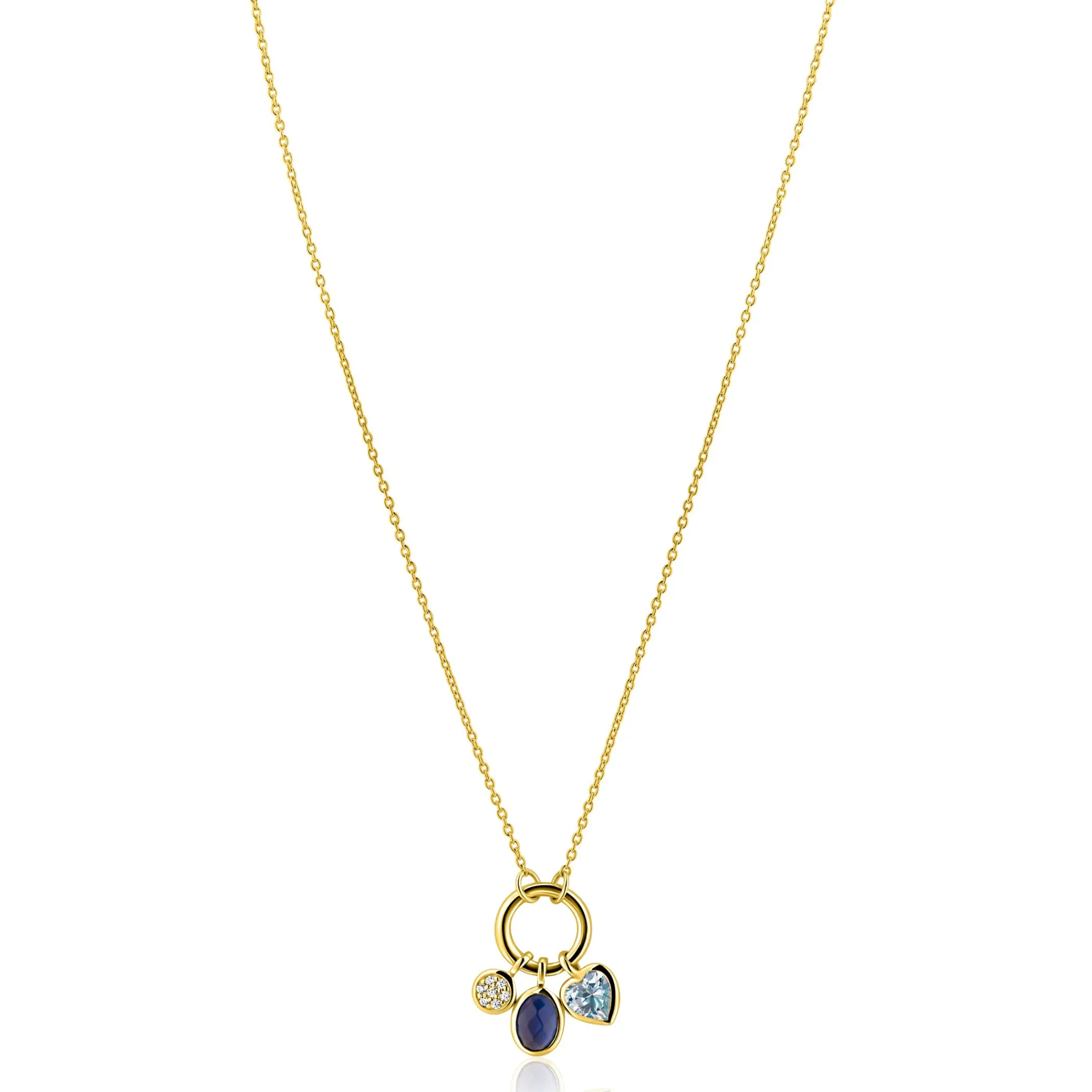 Hot Zinzi gold plated zilveren ketting met ronde sluitring en drie luxe bedels 42-45cm ZIC2737