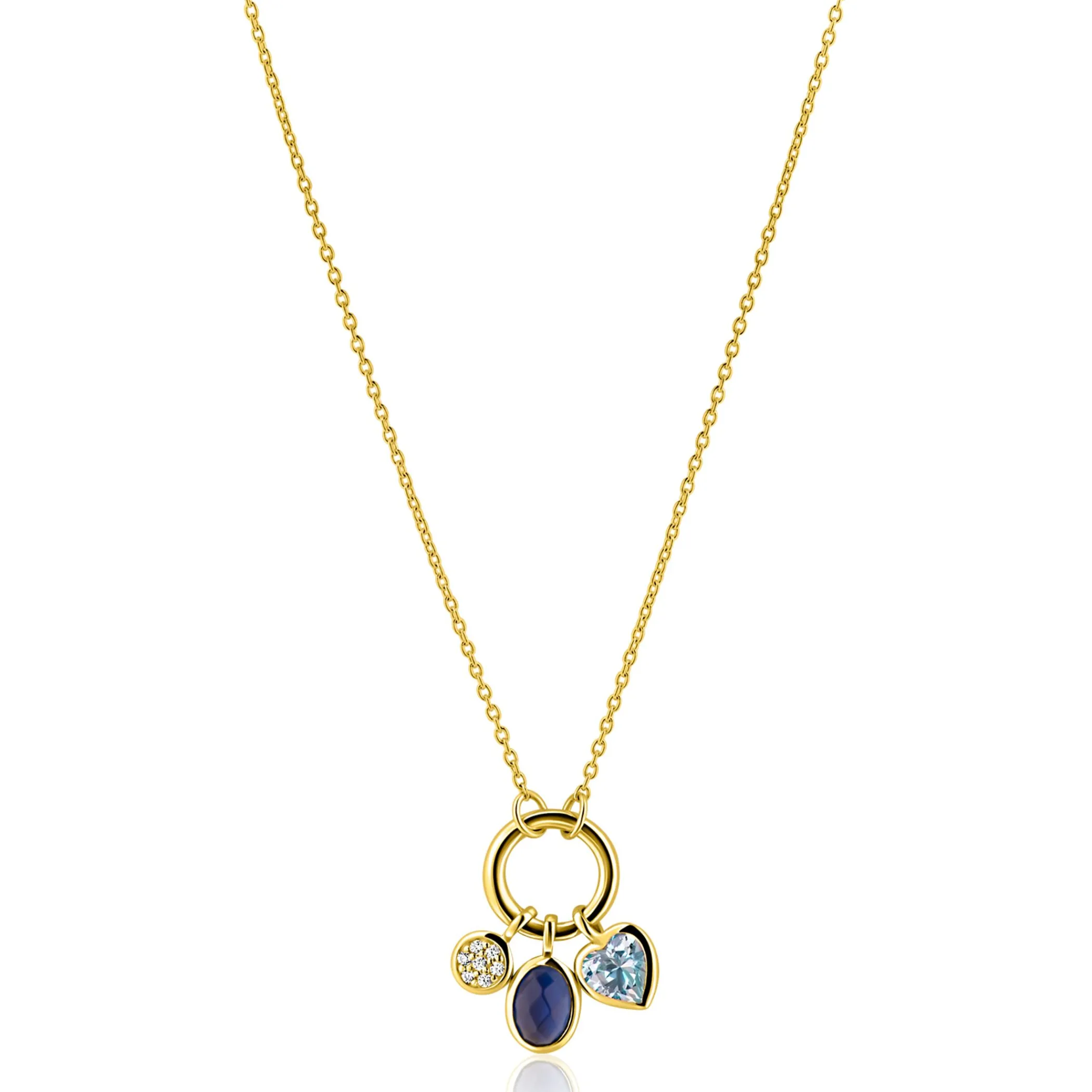 Hot Zinzi gold plated zilveren ketting met ronde sluitring en drie luxe bedels 42-45cm ZIC2737